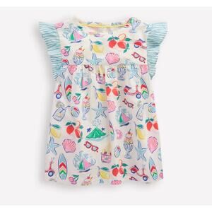 New Mini Boden Girl's Frill Sleeve Summer Top in Ivory Holiday Print - 5-6 years